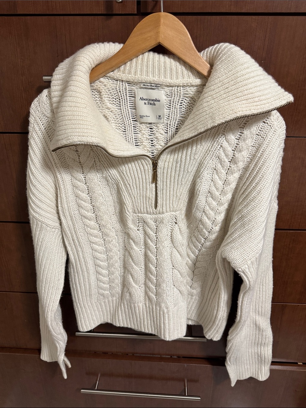 Abercrombie & Fitch Women's Cream Cable Half-Zip Turtleneck Sweater
